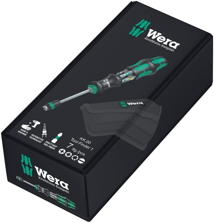 Rękojeść z uchwytem do bitów (grotów) 1/4" z magnesem + 6 bitów Wera Kraftform Kompakt 20 Tool Finder 1 - 6