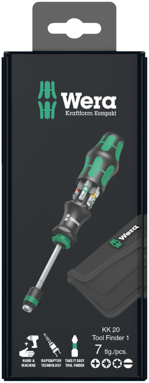 Rękojeść z uchwytem do bitów (grotów) 1/4" z magnesem + 6 bitów Wera Kraftform Kompakt 20 Tool Finder 1 - 4