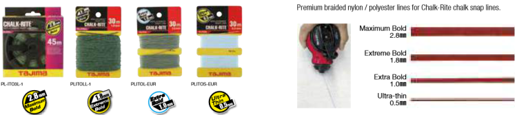 Sznur traserski w obudowie CHALK-RITE® Dura II Tajima -grubosć-linek i sznurow traserskich