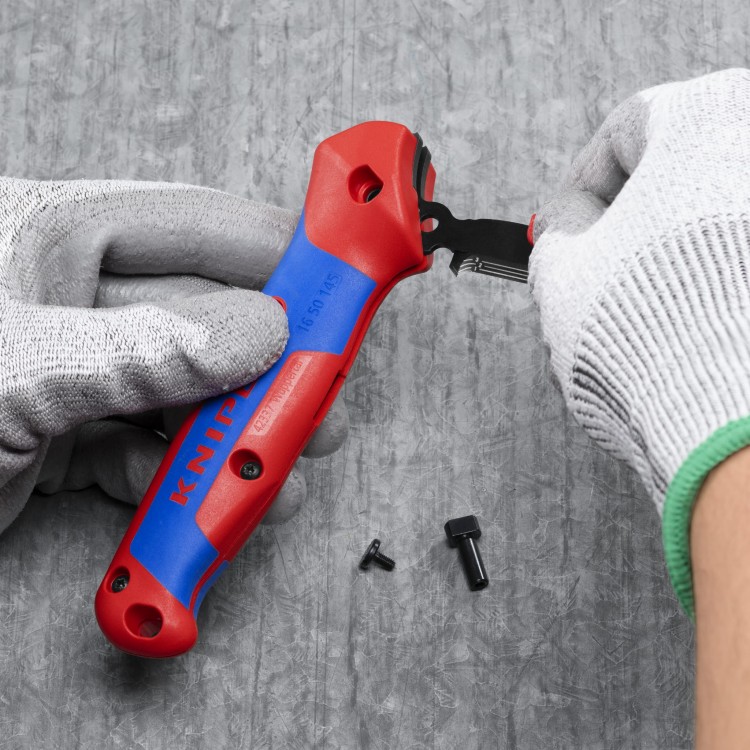Nóż do usuwania izolacji ze stopką prowadzącą i funkcją grzechotki Knipex 16 50 145 SB - wymiana ostrza