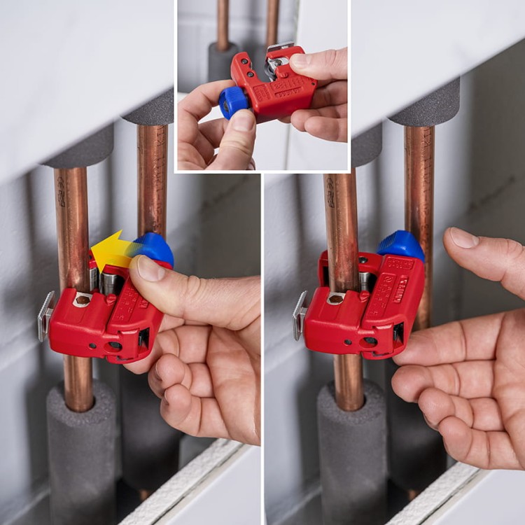 Obcinak do rur miedzianych, mosiężnych i inox 3-30 mm TubiX® Knipex 90 31 01 - w użyciu 2