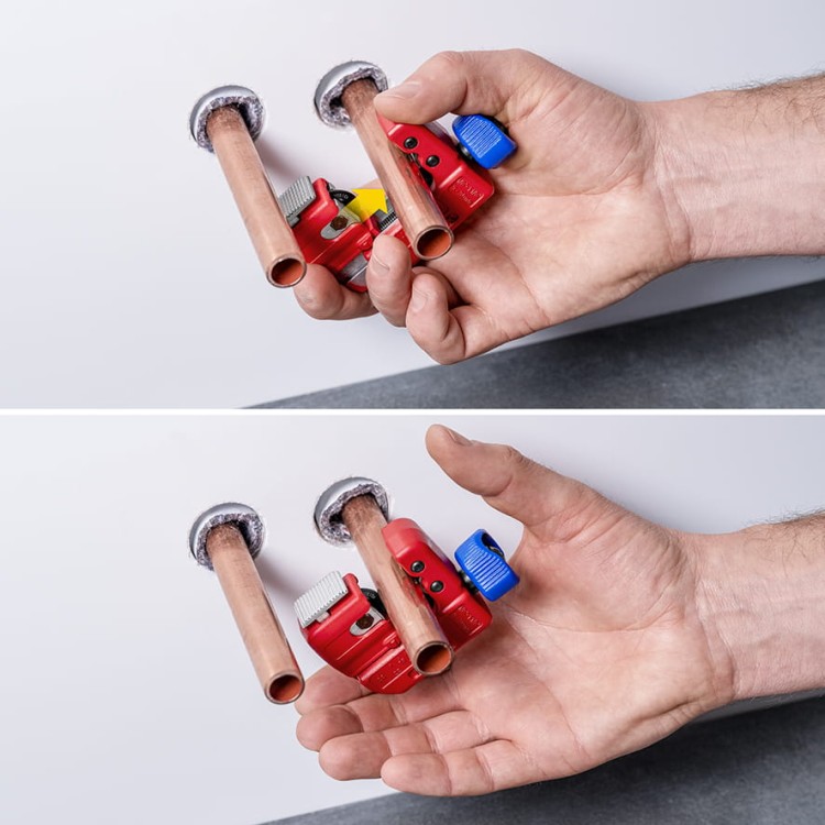 Obcinak do rur miedzianych, mosiężnych i inox 3-30 mm TubiX® Knipex 90 31 01 - w użyciu 3