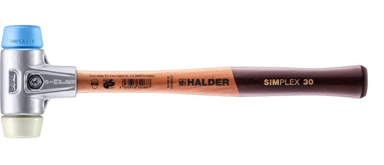 Młotek Simplex z końcówkami z niebieskiego miękkiego elastomeru i białego nylonu Halder 3118