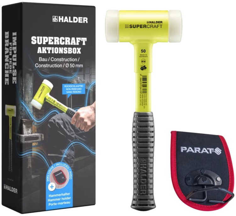 Młotek bezodrzutowy SUPERCRAFT neonowy z metalu + uchwyt do młotka Parat z wieszakiem metalowym, do pasa monterskiego Halder 3377s001 - 1