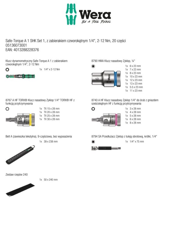 Zestaw narzędzi Safe-Torque A 1 SHK Set 1; z zabierakiem czworokątnym 1/4"; 2-12 Nm; 20 części Wera - 2