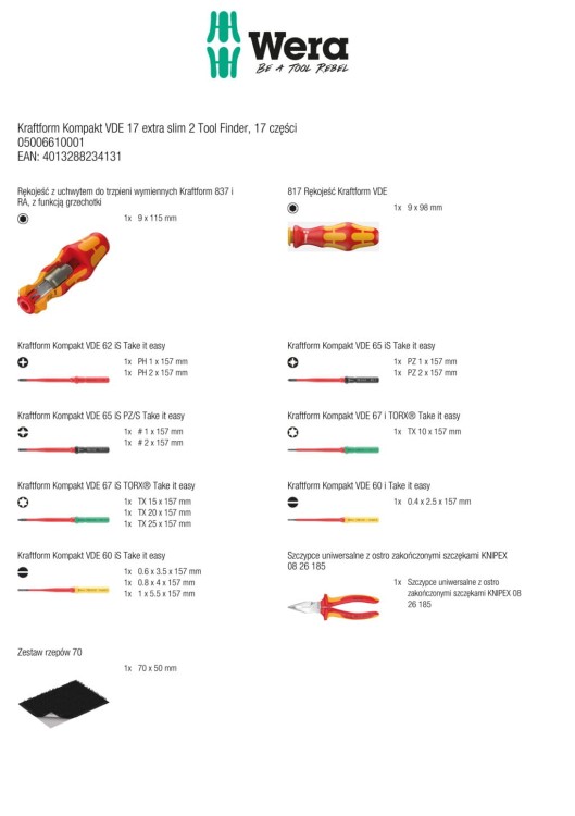 Zestaw narzędzi Kraftform Kompakt VDE 17 extra slim 2 Tool Finder; 17 części Wera - zawartość zestawu