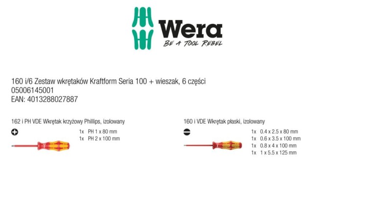 Wkrętaki (śrubokręty) izolowane Kraftform Seria 100  w zestawie 6 cz.+ wieszak Wera - zawartość zestawu