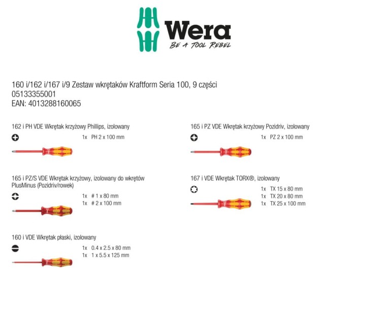 Wkrętaki (śrubokręty) izolowane w zestaweia 160 i/162 i/167 i/9 Kraftform Seria 100; 9 części Wera - zawartość zestawu