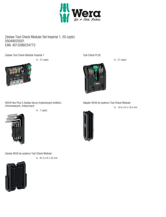 Zestaw Tool-Check Modular Set Imperial 1; 50 części Wera - zawartść zestawu