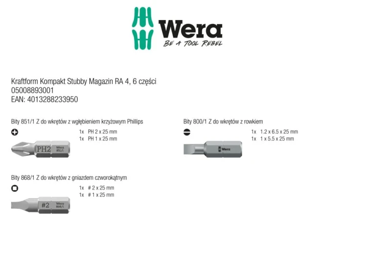Wkrętak Kraftform Kompakt Stubby Magazin RA 4; 6 części Wera  - zawartość zestawu