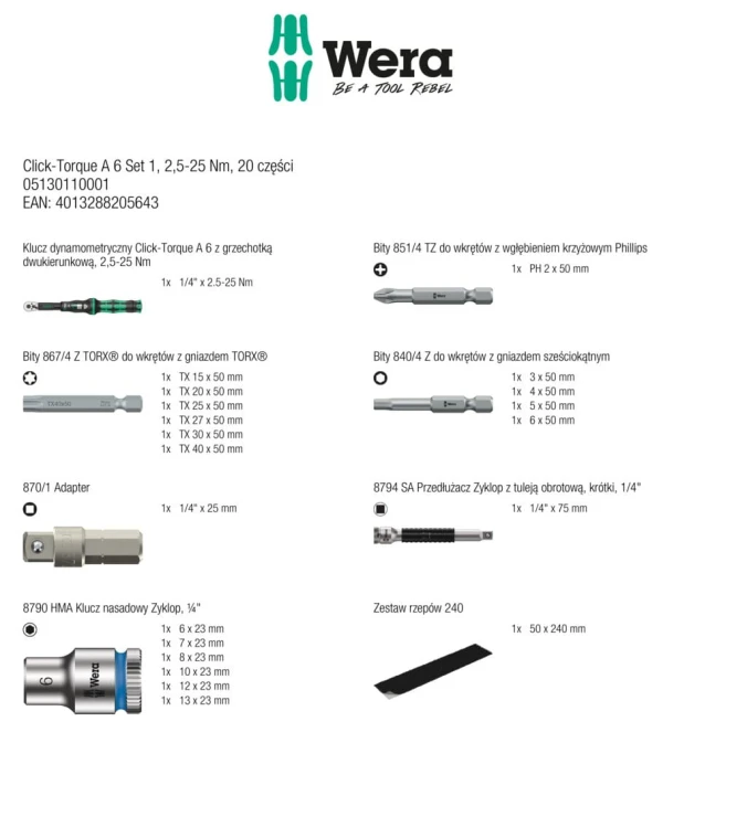 Zestaw narzędzi Click-Torque A 6 Set 1; 2;5-25 Nm; 20 części Wera - zawartość zestawu