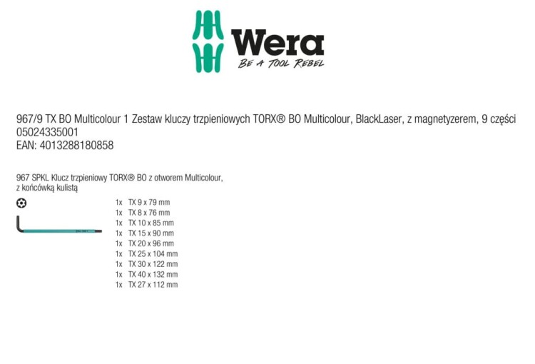 Zestaw kluczy trzpieniowych TORX® BO Multicolour 967/9 TX BO ; BlackLaser z magnetyzerem; 9 części Wera - zestaw zawiera