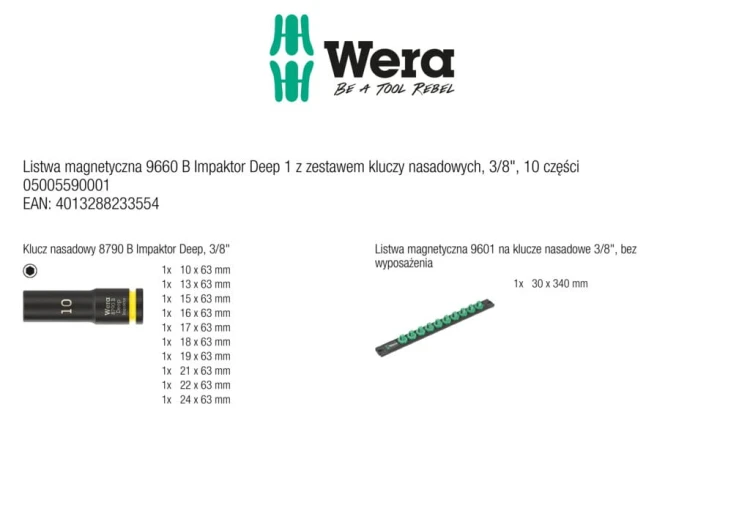 Listwa magnetyczna 9660 B Impaktor Deep 1 z zestawem kluczy nasadowych; 3/8"; 10 części Wera - zawartość zestawu
