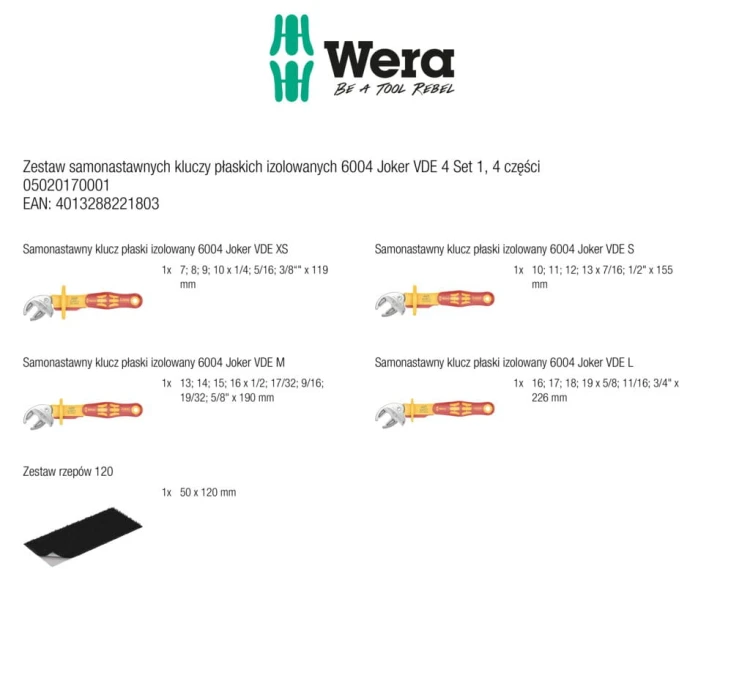 Zestaw samonastawnych kluczy płaskich izolowanych 6004 Joker VDE 4 Set 1; 4 części Wera