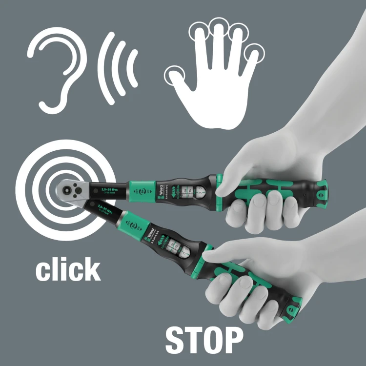 Klucz dynamometryczny Click-Torque A 6 R/L; nastawny; z funkcją Torque Lock i przelotowym uchwytem do bitów (1/4"); 2;5-25 Nm; 1/4" x 2.5-25 Nm Wera - Mechanizm wyzwalający