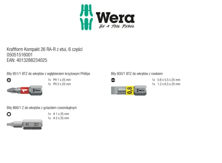 Wkrętak Kraftform Kompakt 26 RA-R z etui; 6 części Wera