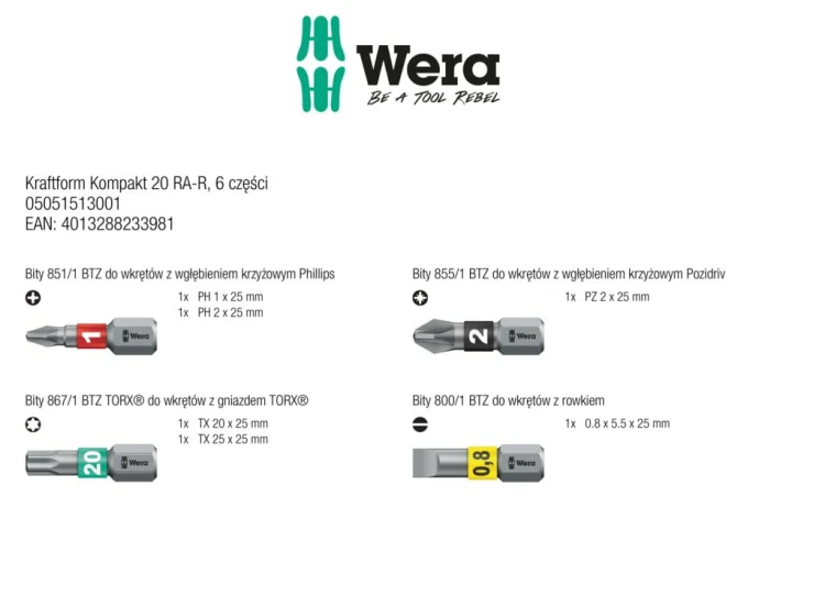 Wkrętak Kraftform Kompakt 20 RA-R; 6 części Wera