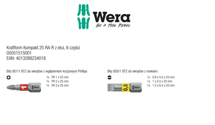 Wkrętak Kraftform Kompakt 25 RA-R z etui; 6 części Wera - zawartość zestawu
