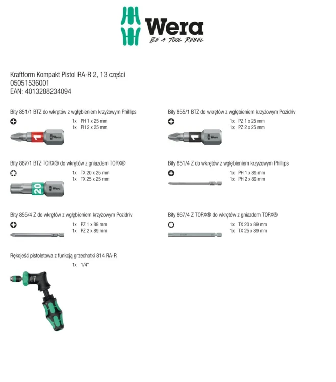 Rękojeść Kraftform Kompakt Pistol RA-R 2; 13 części Wera - zestaw zawiera