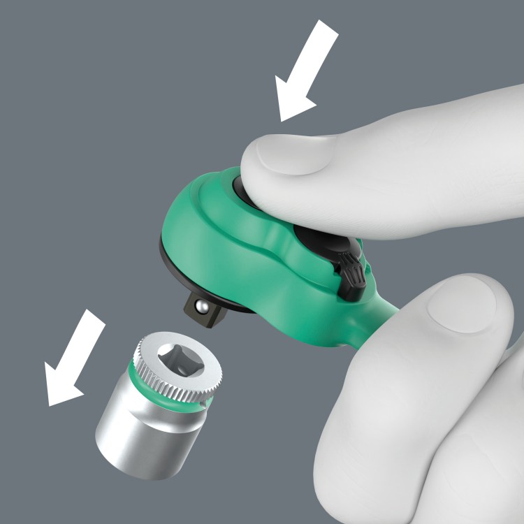 Zestaw kluczy nasadowych z grzechotką 1/4" Zyklop Comfort 8100 SA 13, z przełącznikiem zmiany kierunku pracy, metryczny, 15 części Wera - Niezawodna blokada klucza nasadowego