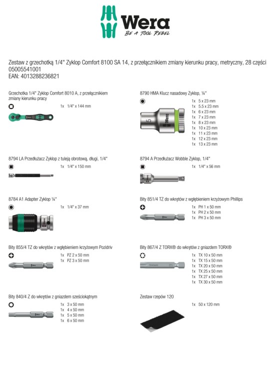 Zestaw kluczy nasadowych z grzechotką 1/4" Zyklop Comfort 8100 SA 14, z przełącznikiem zmiany kierunku pracy, metryczny, 28 części Wera - zawartość zestawu