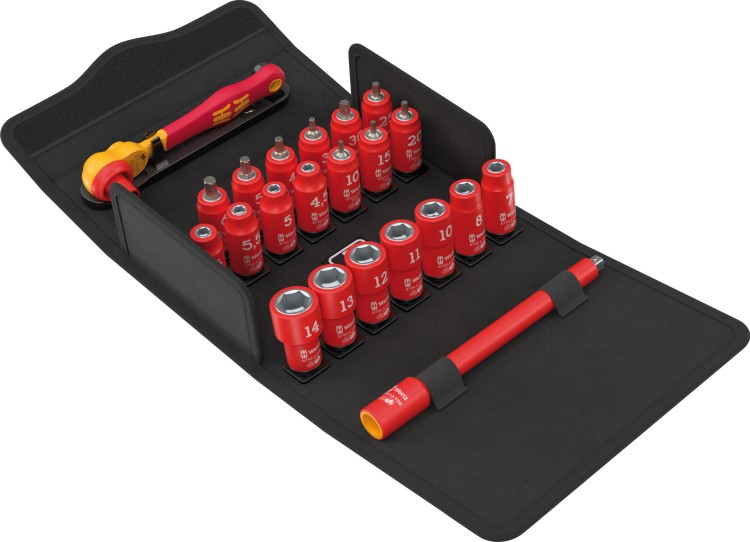 Zestaw kluczy nasadowych z grzechotką 1/4" Zyklop 8100 SA VDE 1, izolowaną, z przełącznikiem zmiany kierunku pracy, metryczny, 22 części Wera