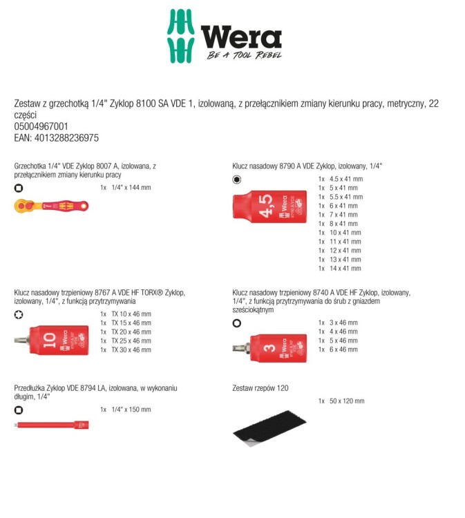 Zestaw kluczy nasadowych z grzechotką 1/4" Zyklop 8100 SA VDE 1, izolowaną, z przełącznikiem zmiany kierunku pracy, metryczny, 22 części Wera - zawartość zestawu