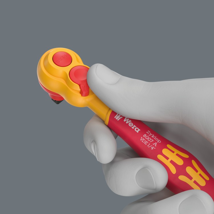 Zestaw kluczy nasadowych z grzechotką 1/4" Zyklop 8100 SA VDE 1, izolowaną, z przełącznikiem zmiany kierunku pracy, metryczny, 22 części Wera - Przełącznikiem zmiany kierunku pracy