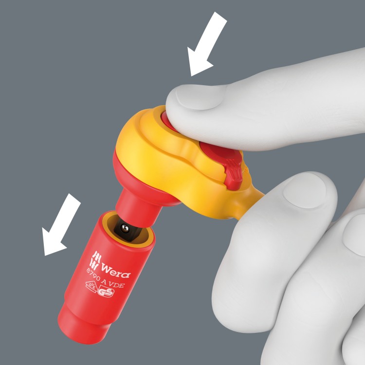 Zestaw kluczy nasadowych z grzechotką 1/4" Zyklop 8100 SA VDE 1, izolowaną, z przełącznikiem zmiany kierunku pracy, metryczny, 22 części Wera - Niezawodna blokada klucza nasadowego