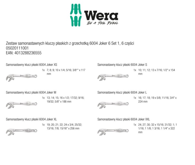 Zestaw samonastawnych kluczy płaskich z grzechotką 6004 Joker 6 Set 1, 6 części Wera - zestaw zawiera