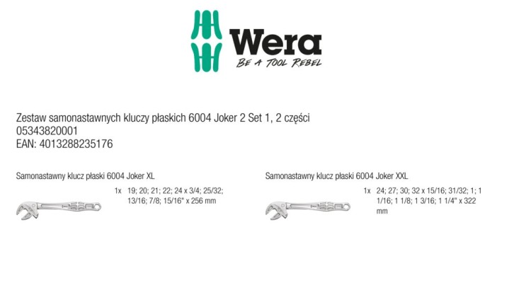 Zestaw samonastawnych kluczy płaskich 6004 Joker 2 Set 1, 2 części Wera - zawartość zestawu