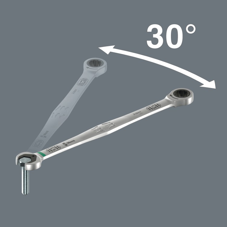 Klucz płasko-oczkowy z grzechotką 6007 Joker SB, długi, 11 x 220 mm Wera - Kąt pracy wynoszący zaledwie 30°