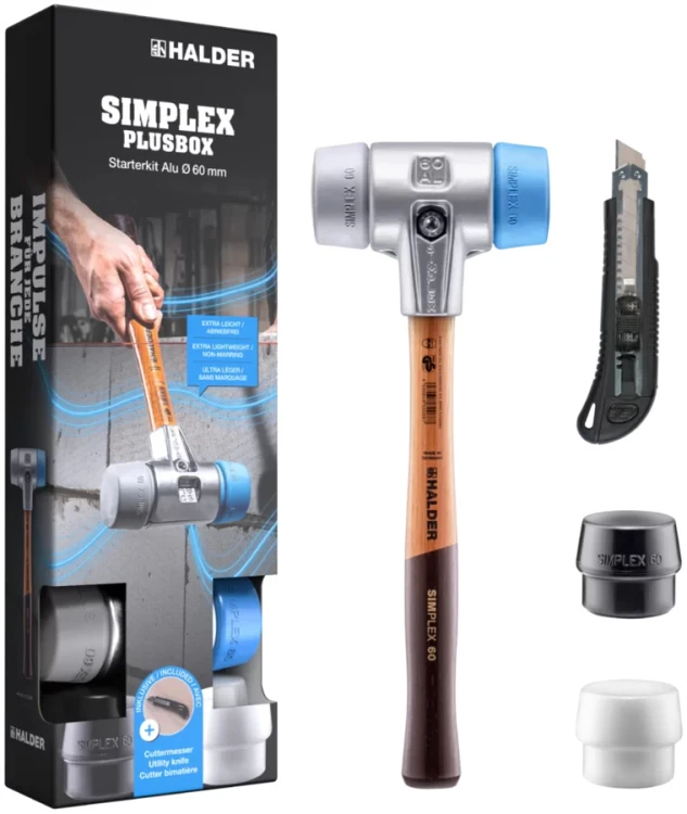 Młotek SIMPLEX końcówki - niebieski miękki i szary średni elastomer + 2 końcówki SIMPLEX oraz nóż Halder 3113s004
