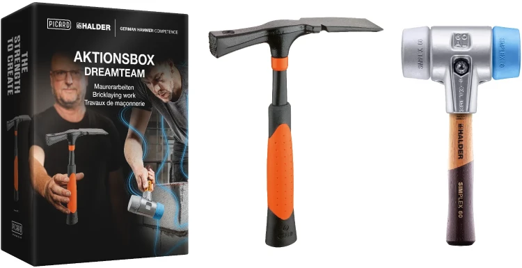 Młotek SIMPLEX 60 mm końcówki - niebieski miękki i szary średni elastomer krótki trzonek + młotek murarski "berliński" - Halder 3113s005 - 1