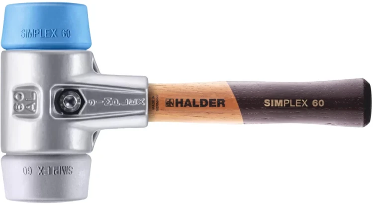 Młotek SIMPLEX 60 mm końcówki - niebieski miękki i szary średni elastomer krótki trzonek + młotek murarski "berliński" - Halder 3113s005 - 2