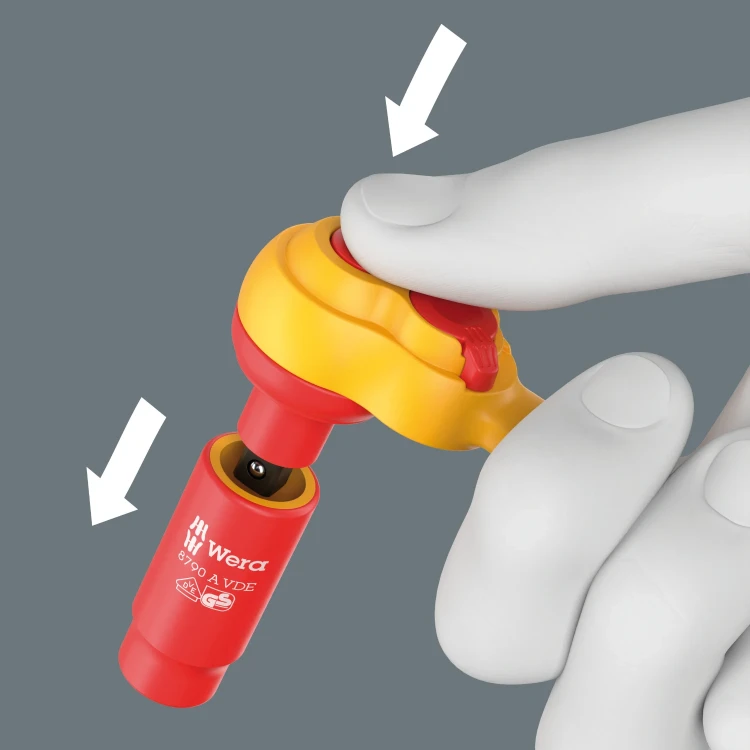 Zestaw kluczy nasadowych z grzechotką 1/4" Zyklop 8100 SA VDE 1, izolowaną, z przełącznikiem zmiany kierunku pracy, metryczny, 22 części Wera - Niezawodna blokada klucza nasadowego