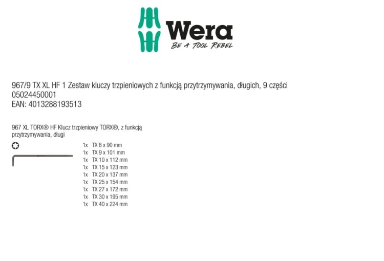 Zestaw kluczy trzpieniowych z funkcją przytrzymywania 967/9 TX XL HF 1długich; 9 części Wera - zawartość zestawu