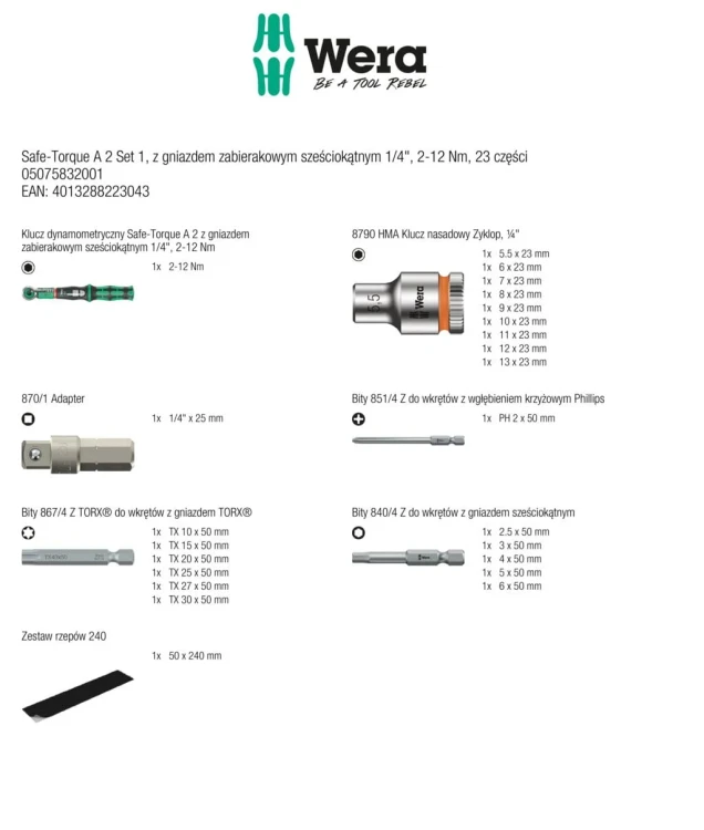 Klucz dynamometryczny Safe-Torque A 2 Set 1; z gniazdem zabierakowym sześciokątnym 1/4"; 2-12 Nm; 23 części Wera - zawrtość zestawu