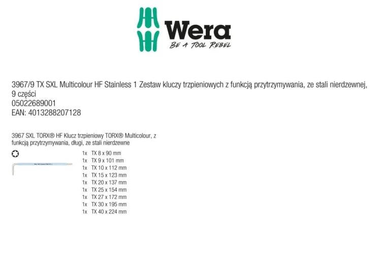 Zestaw kluczy trzpieniowych z funkcją przytrzymywania 3967/9 TX SXL Multicolour HF Stainless 1 ze stali nierdzewnej; 9 części Wera - zawartość zestawu