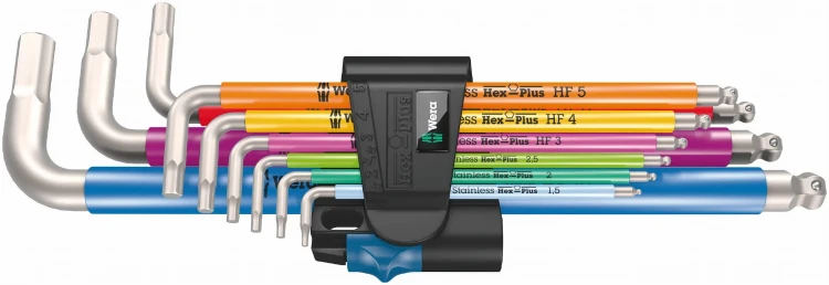Zestaw kluczy trzpieniowych; metrycznych; ze stali nierdzewnej; z funkcją przytrzymywania 3950/9 Hex-Plus Multicolour HF Stainless 1; 9 części Wera