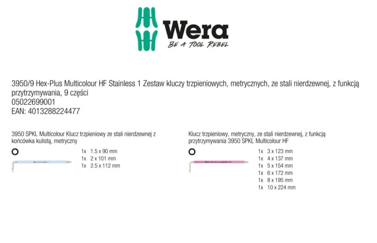 Zestaw kluczy trzpieniowych; metrycznych; ze stali nierdzewnej; z funkcją przytrzymywania 3950/9 Hex-Plus Multicolour HF Stainless 1; 9 części Wera - zawartość zestawu