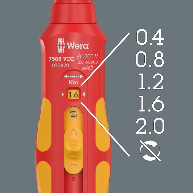 Wkrętak dynamometryczny 7508 VDE Kraftform Safe-Torque Speed 7508; 0;4-2;0 Nm; 9 x 0;4 Nm x 0;8 Nm x 1;2 Nm x 1;6 Nm x 2;0 Nm x 192 mm Wera - Pięć momentów dokręcania do wyboru