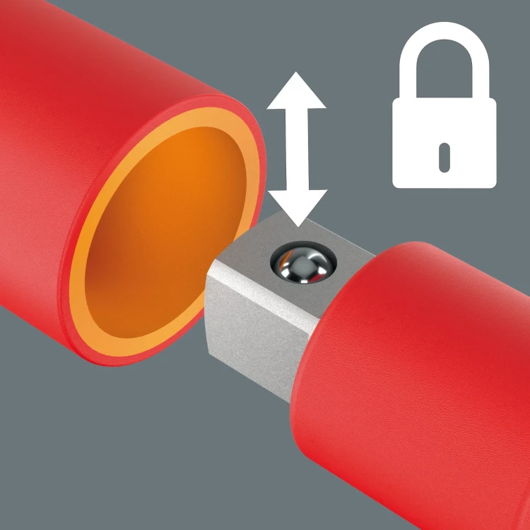 Adapter z rękojeścią poprzeczną 410 i VDE B RA izolowany VDE z funkcja grzechotki do kluczy nasadowych 3/8"; 3/8" x 130 mm Wera -Wbudowany zatrzask kulkowy