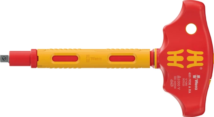 Adapter z rękojeścią poprzeczną 410 i VDE A RA izolowany VDE z funkcją grzechotki do kluczy nasadowych 1/4"; 1/4" x 130 mm Wera