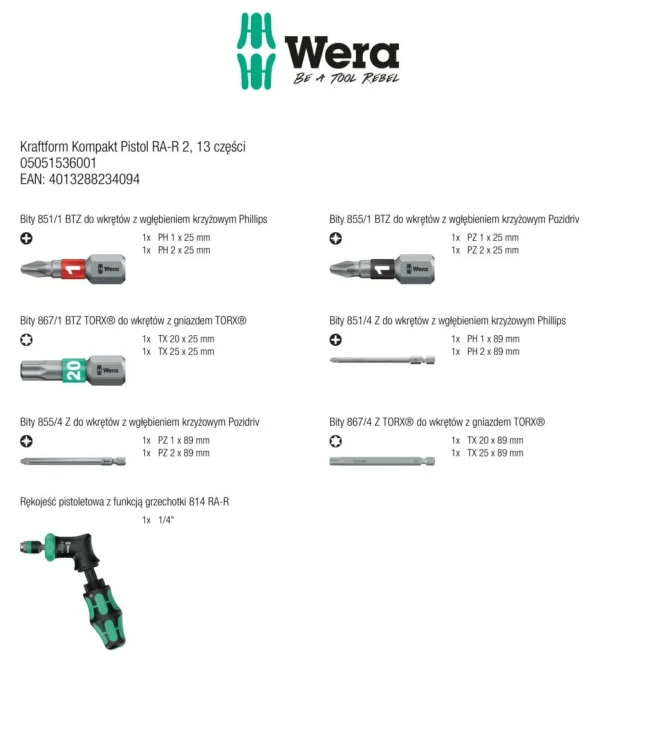 Rękojeść Kraftform Kompakt Pistol RA-R 2; 13 części Wera - zestaw zawiera