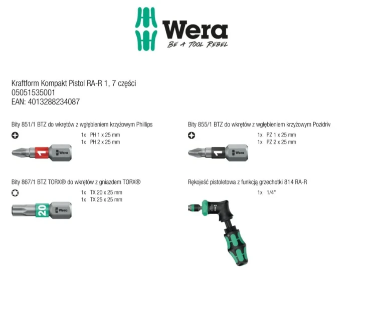 Rękojeść Kraftform Kompakt Pistol RA-R 1; 7 części Wera  - zawartość zestawu
