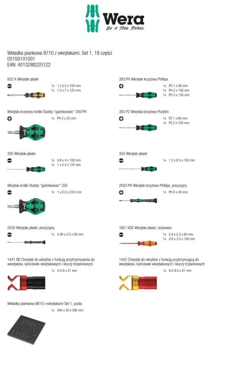 Wkładka piankowa 9710 z wkrętakami; Set 1; 18 części Wera - zawartość