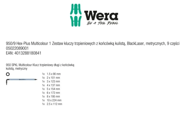 Zestaw kluczy trzpieniowych z końcówką kulistą 950/9 Hex-Plus Multicolour 1 BlackLaser; metrycznych; 9 części Wera - zestaw zawiera