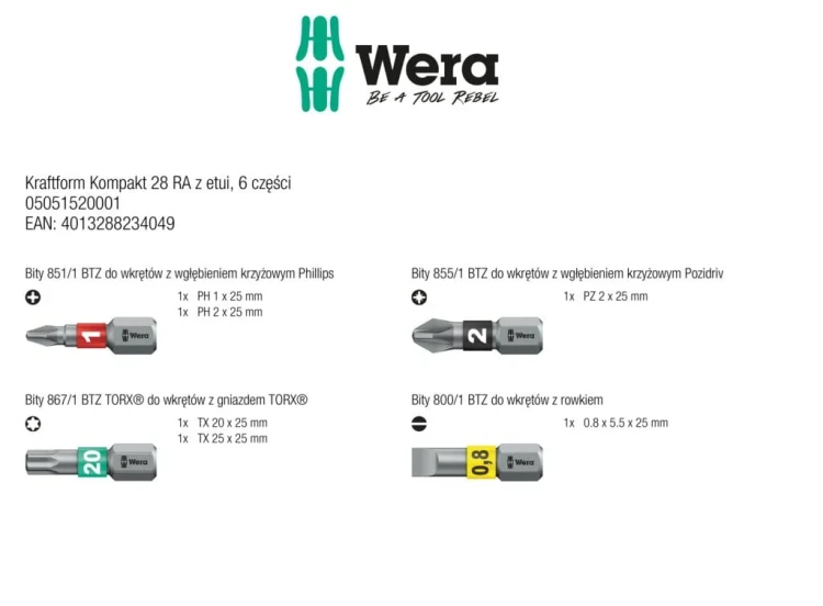 Wkrętak Kraftform Kompakt 28 RA z etui; 6 części Wera - zawartość zestawu
