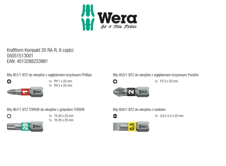 Wkrętak Kraftform Kompakt 20 RA-R; 6 części Wera - zwaretość zestawu